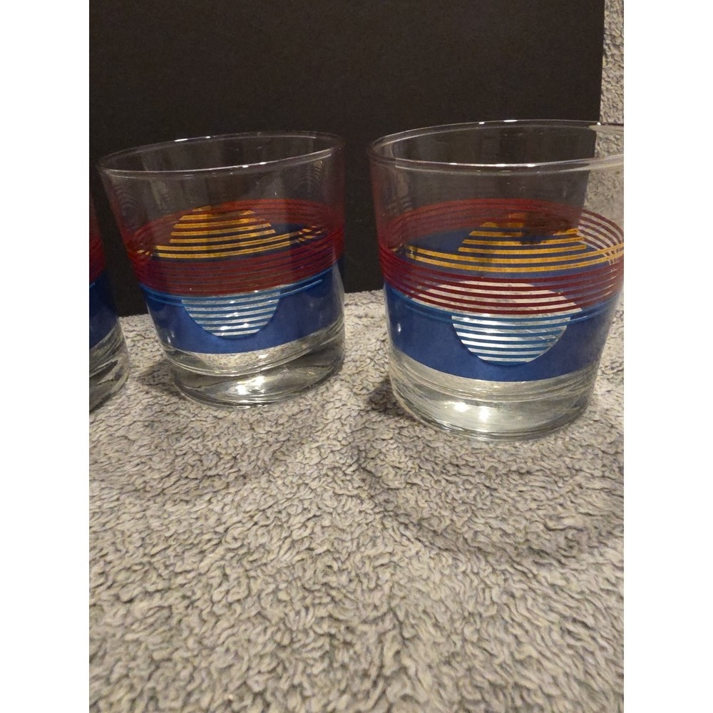 VINTAGE 1988 ANCHOR HOCKING WHISKEY GLASSES 3.5" Gold Red Blue Set Of 3 - Picture 3 of 5